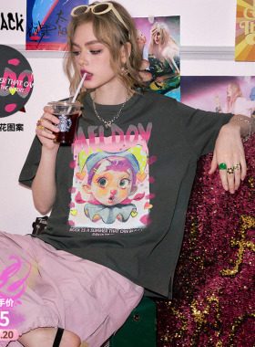 妖精的口袋灰色印花正肩短袖t恤女2026夏新款宽松休闲设计感上衣