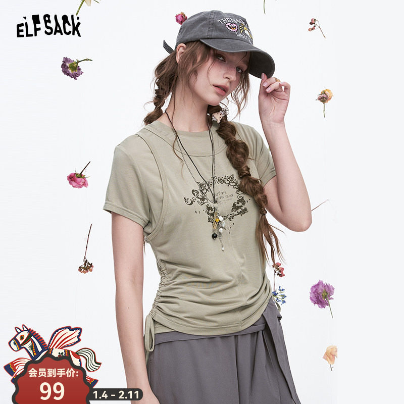 妖精的口袋假两件印花白色短袖t恤女2025春夏季新款修身显瘦上衣