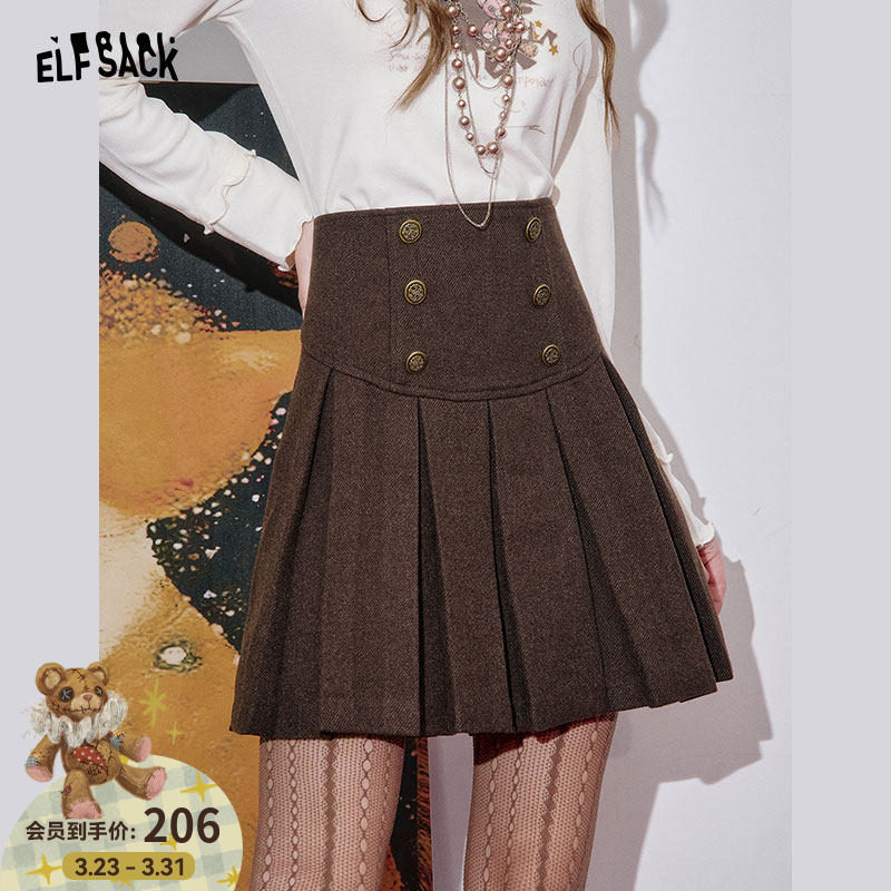 妖精的口袋复古双排扣百褶裙半身裙女2026春秋新款学院风高腰短裙