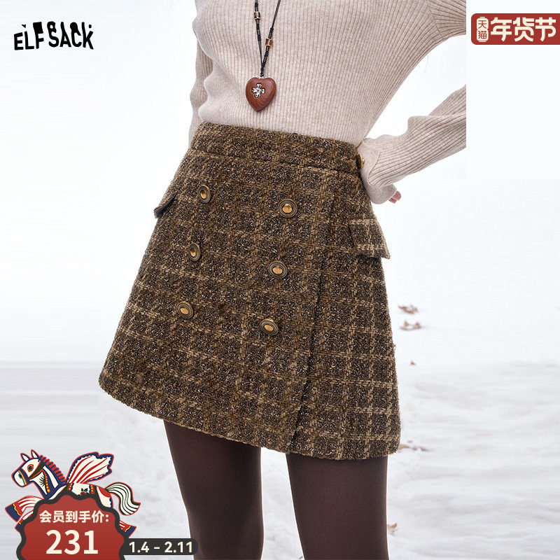 妖精的口袋亮丝粗花呢双排扣半身裙女2025年冬季新款复古显瘦短裙,女装/女士精品,半身裙,淘宝优惠券,粉丝福利购,淘宝优惠卷