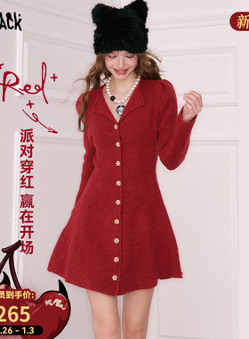 妖精的口袋千金风红色连衣裙女2025年冬季新款修身巨好看新年穿搭
