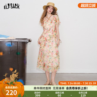 妖精 度假风收腰绝美裙子 口袋碎花方领连衣裙女2025年夏季 新款
