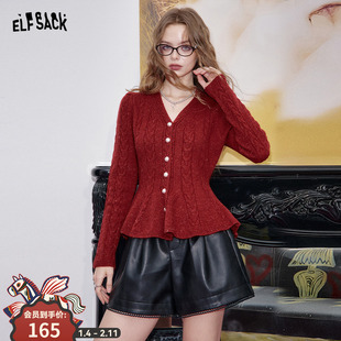 妖精的口袋复古绞花亮闪红色毛衣女2025年冬新款收腰显瘦新年穿搭