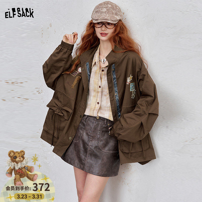 妖精的口袋原创刺绣宽松复古风衣女2026春秋新款压褶显瘦工装外套