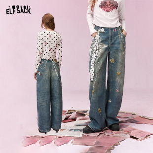 阔腿裤 妖精 显瘦弯刀裤 女2026年早春新款 口袋原创满印蓝色牛仔裤