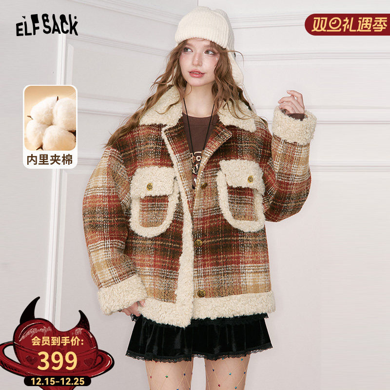 妖精的口袋仿毛绒格纹拼接夹棉短款毛呢外套女2025冬新款圣诞穿搭