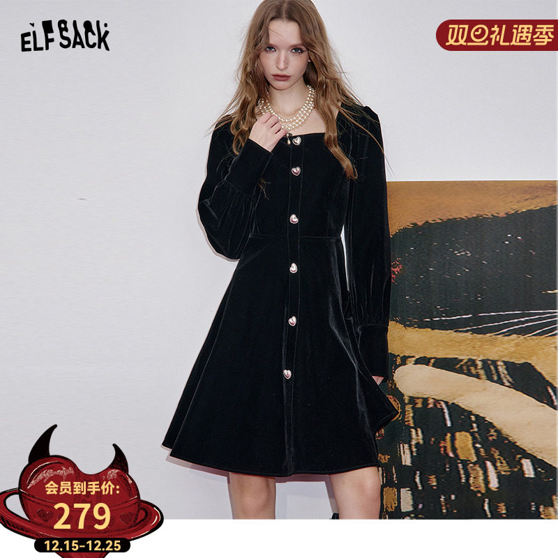 妖精的口袋法式方领丝绒连衣裙女2025年秋冬新款圣诞穿搭小黑裙