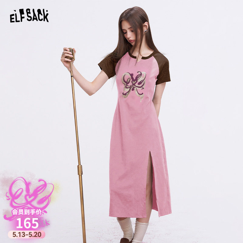 妖精的口袋原创刷金印花撞色连衣裙女2026年夏季新款侧开叉T恤裙