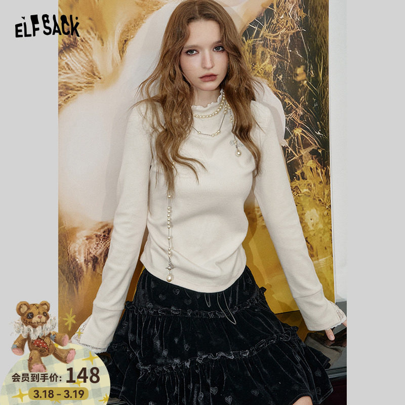 妖精的口袋白色蕾丝拼接刺绣长袖t恤女2026春新款修身内搭打底衫