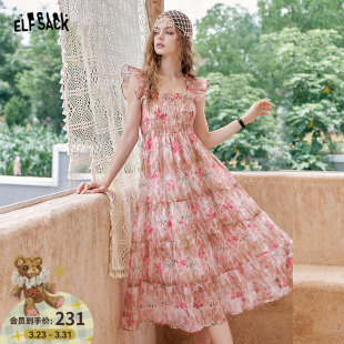 新款 连衣裙女2026年夏季 收腰气质长裙子 口袋油画碎花小飞袖 妖精