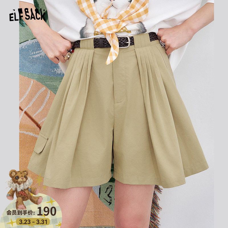 妖精的口袋【送腰带】复古卡其色高腰短裤女25夏新款宽松休闲裤子