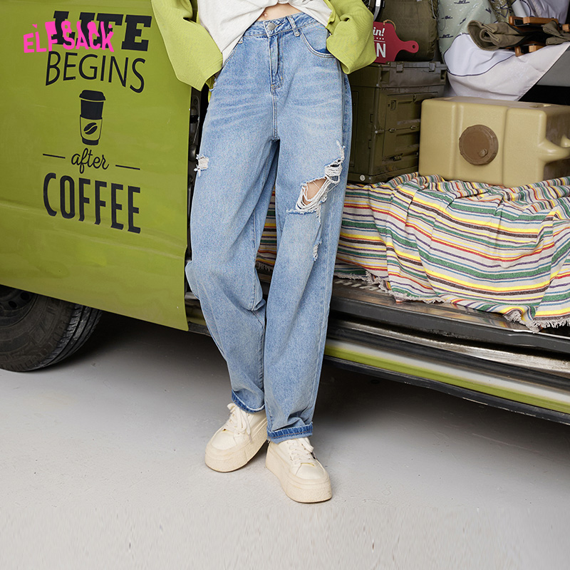 妖精的口袋高腰破洞牛仔裤女2023春秋季新款阔腿复古设计感烟管裤