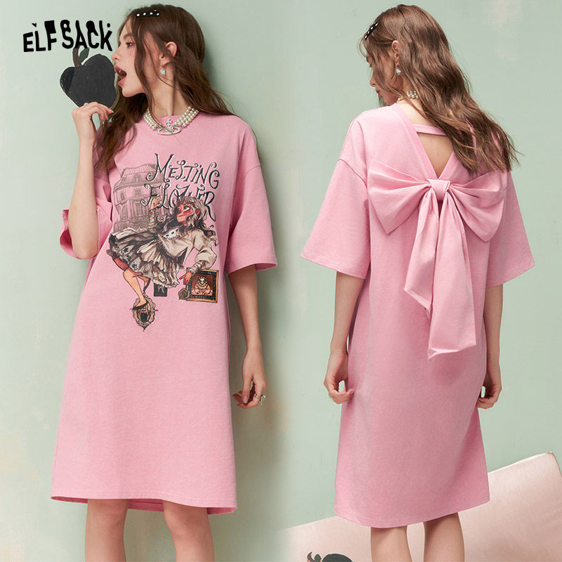 妖精的口袋粉色印花短袖t恤连衣裙女2026春夏新款宽松蝴蝶结裙子