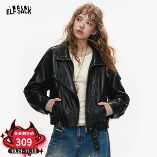 妖精的口袋甜酷黑色机车皮衣夹克女2026秋季新款高级感小个子外套