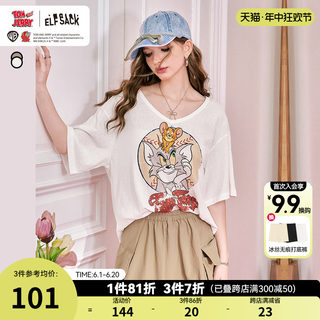 【猫和老鼠联名】妖精的口袋宽松v领短袖t恤女24夏新复古斑驳上衣