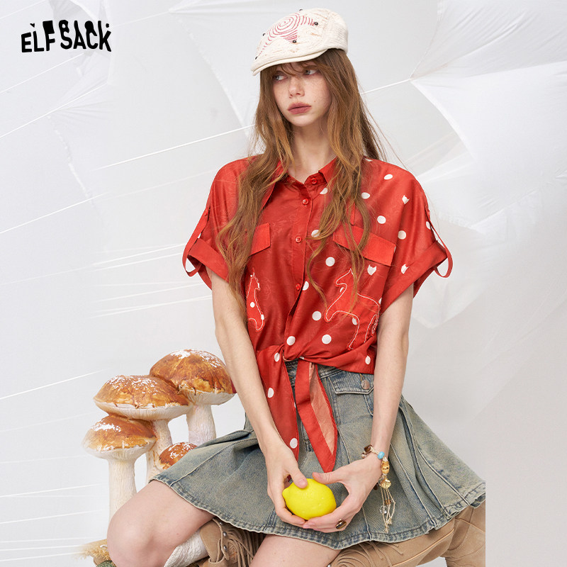 妖精的口袋波点系带红色短袖衬衫女2026夏季新款复古港风甜美上衣