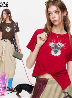 妖精的口袋美式红色印花正肩短袖t恤女2026年夏新款设计感不规则