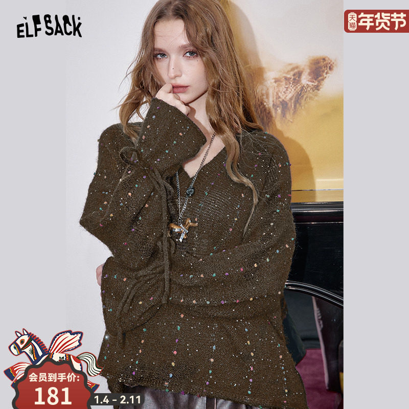 妖精的口袋亮闪彩点V领咖色复古毛衣女2025年秋冬新款慵懒风宽松,女装/女士精品,毛衣,淘宝优惠券,粉丝福利购,淘宝优惠卷