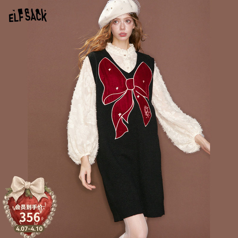 妖精的口袋丝绒蝴蝶结雪纺拼接连衣裙女2026年春秋新款甜美假两件