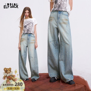 口袋彩点涂鸦浅色牛仔裤 弯刀裤 女2026年春季 高腰阔腿裤 新款 妖精