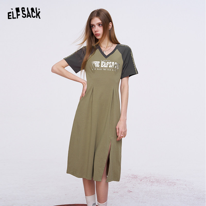 妖精的口袋蕾丝拼接v领t恤连衣裙女2026夏季新款刷金字母印花裙