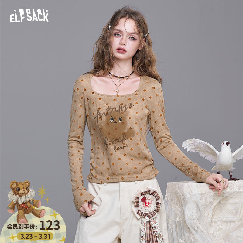 妖精的口袋波点印花u领长袖t恤女2026年早春新款修身显瘦薄款上