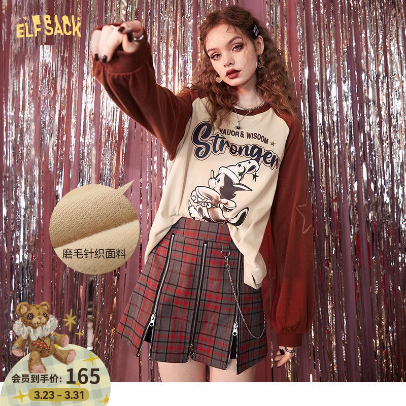 妖精的口袋插肩印花长袖t恤女2026春秋新款内搭宽松小众红色上衣