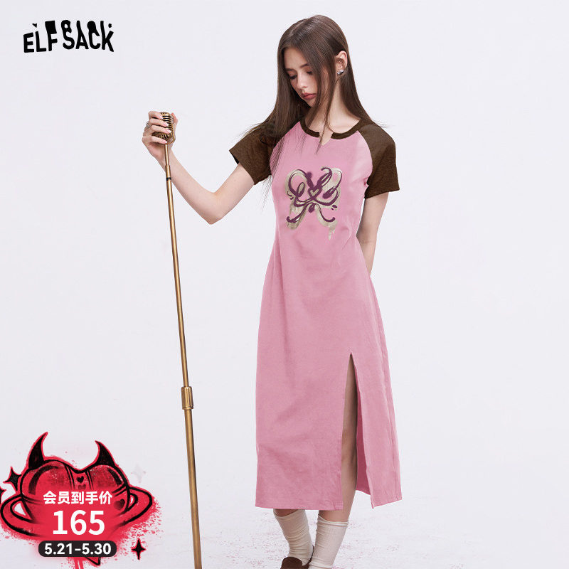 妖精的口袋原创刷金印花撞色连衣裙女2026年夏季新款侧开叉T恤裙