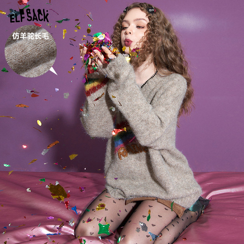 妖精的口袋彩虹毛衣女2023冬季新款圆领套头字母刺绣设计感上衣