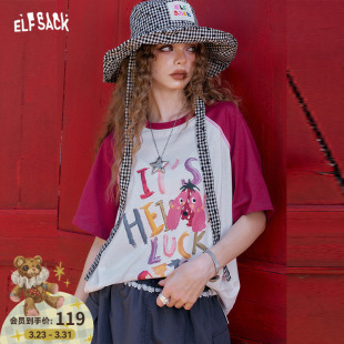 新款 t恤女2025夏季 宽松休闲小众上衣 口袋插肩撞色印花短袖 妖精