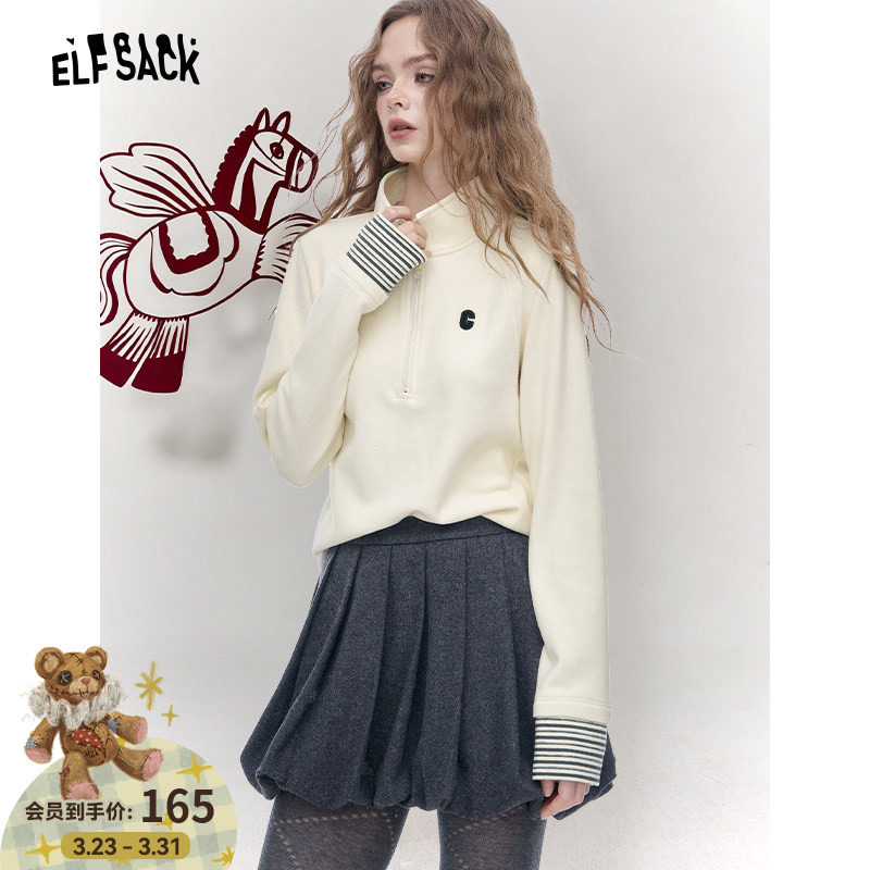 妖精的口袋Polo领袖口条纹撞色长袖t恤女2026春新款宽松休闲