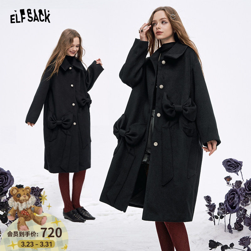 妖精的口袋黑色蝴蝶结中长款毛呢外套女2025冬新款甜酷风呢子大衣