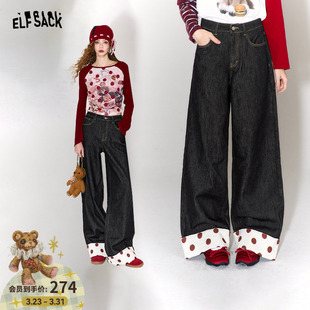 宽松直筒裤 女2026年早春新款 子 口袋波点印花拼接高腰牛仔裤 妖精