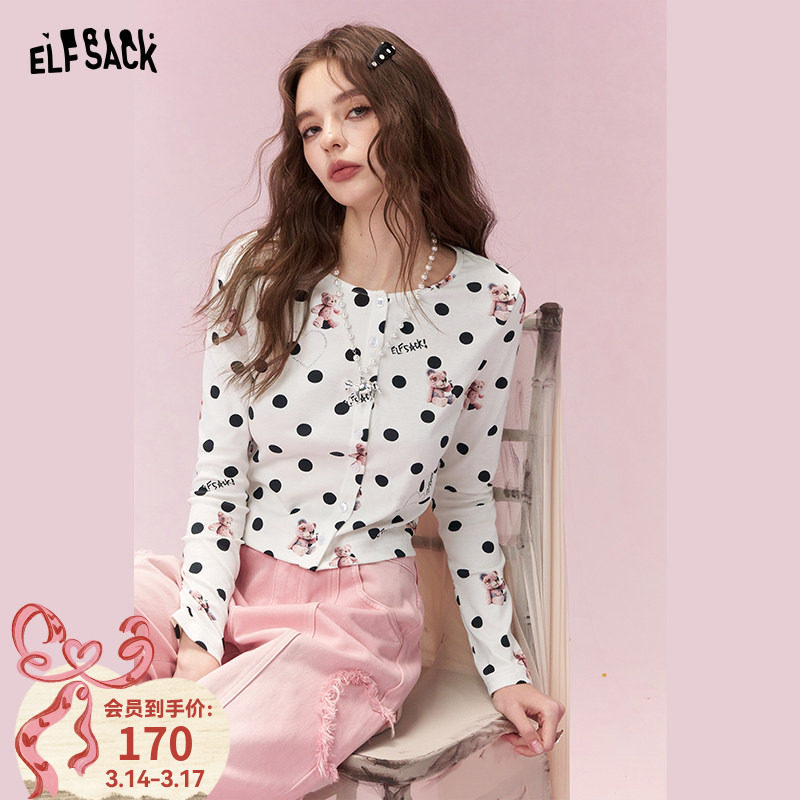 妖精的口袋白色波点印花长袖t恤女2026早春新款修身短款掐腰上衣