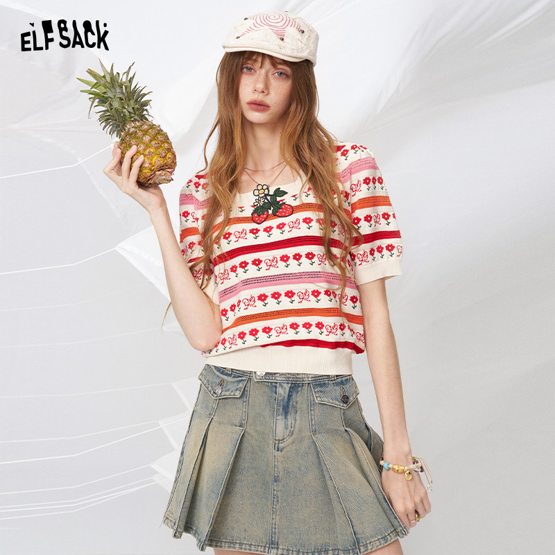 妖精的口袋仿冰丝草莓刺绣条纹短袖针织衫女2026夏季新款甜美上衣