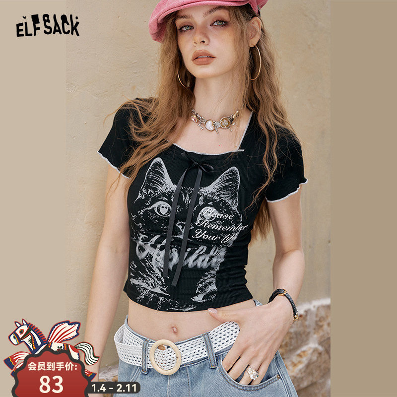 妖精的口袋黑色方领猫咪印花短袖t恤女2025夏季新款修身显瘦上衣