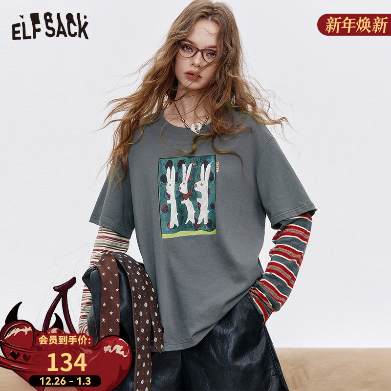 妖精的口袋假两件条纹拼接印花长袖t恤女2025秋季新款设计感上衣