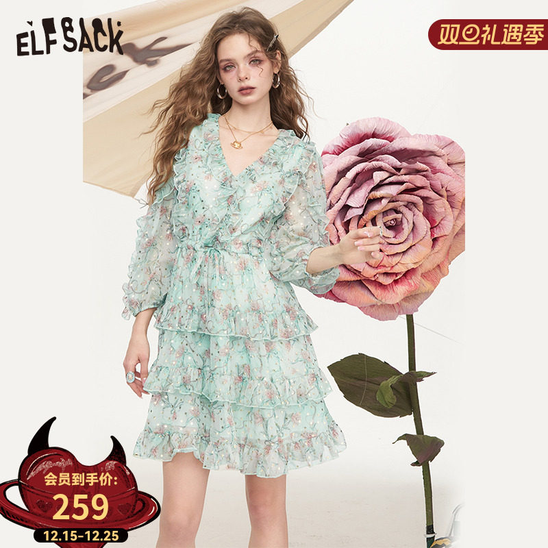 妖精的口袋法式v领荷叶边碎花连衣裙女2025夏季新款气质度假裙子