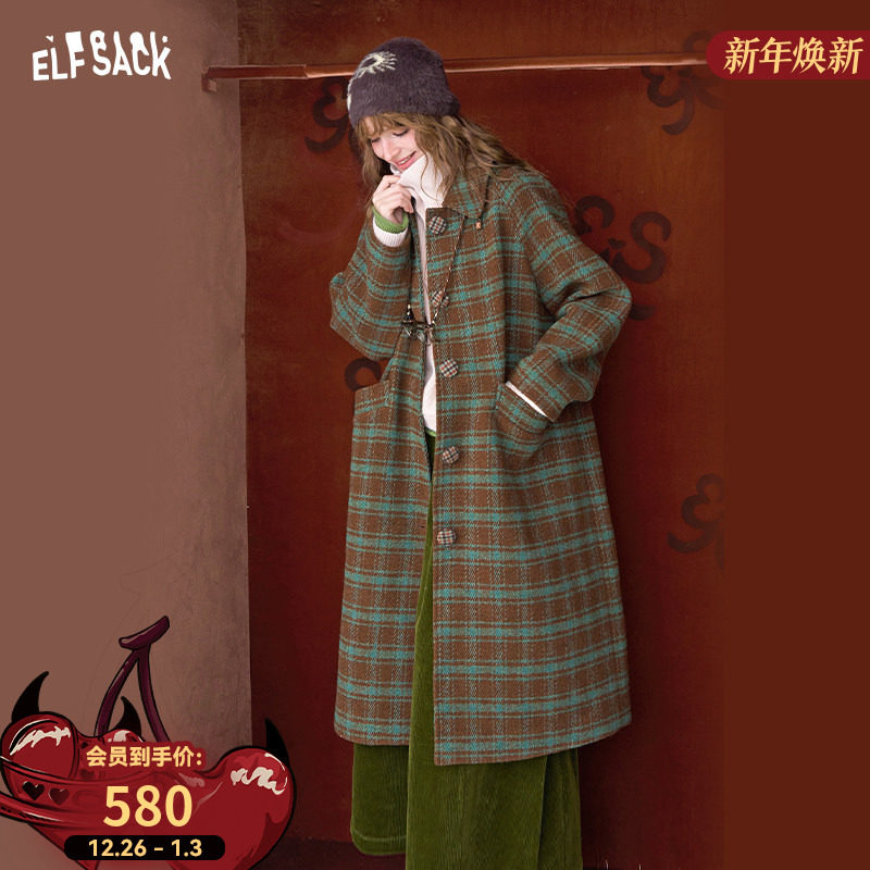 妖精的口袋复古格纹中长款毛呢外套女2025冬新款小个子学院风大衣