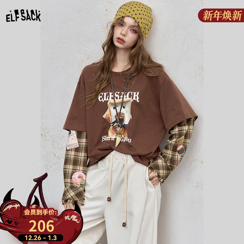 妖精的口袋假两件格子印花长袖t恤女2025早秋新款设计感小众上衣