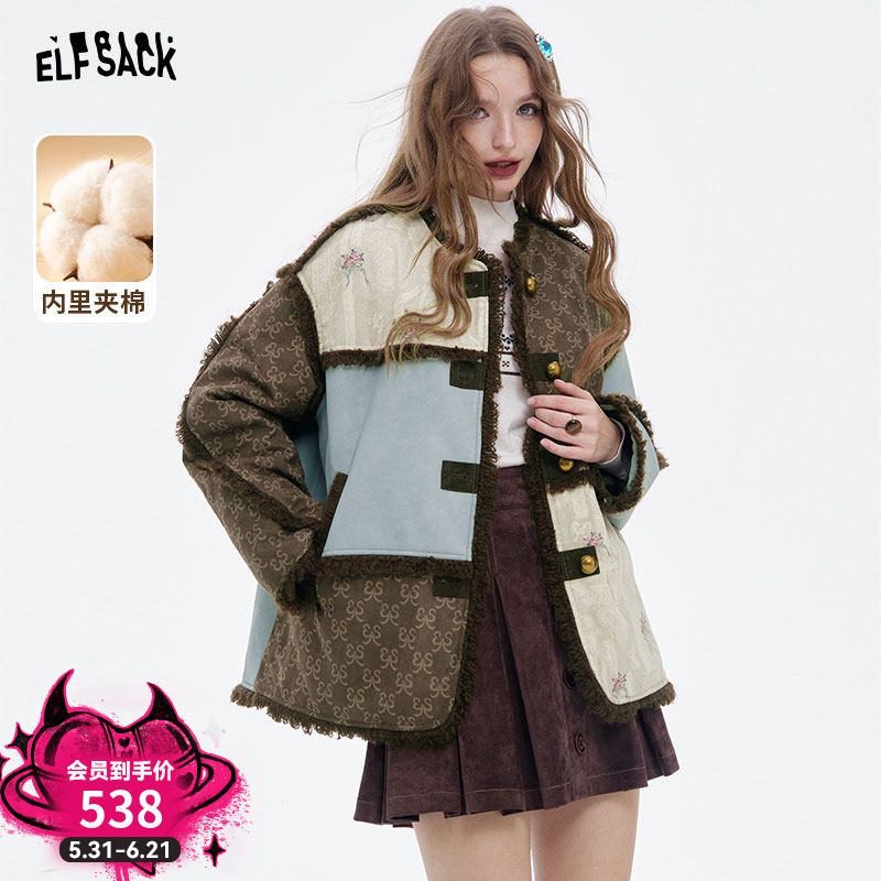 妖精的口袋重工蕾丝麂皮拼接棉衣女2026年冬季新款老钱风夹棉外套