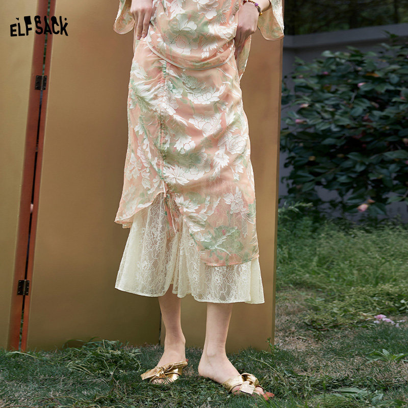 妖精的口袋新中式提花蕾丝拼接半身裙女2026夏季新款藕粉色长裙子