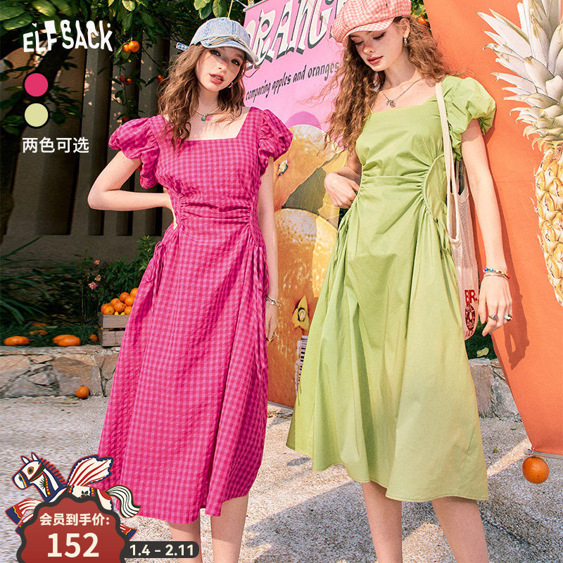 妖精的口袋法式方领格子泡泡袖连衣裙女2025夏季新款收腰气质裙子