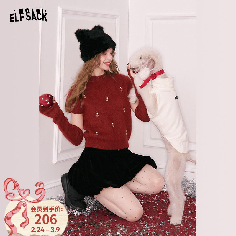 妖精的口袋毛绒红色甜美千金风毛衣女2026冬新绝美氛围感显瘦上衣