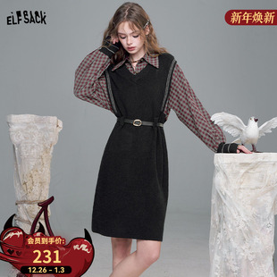 miu系长裙 拼接针织连衣裙女2025年秋冬新款 妖精 口袋假两件衬衫