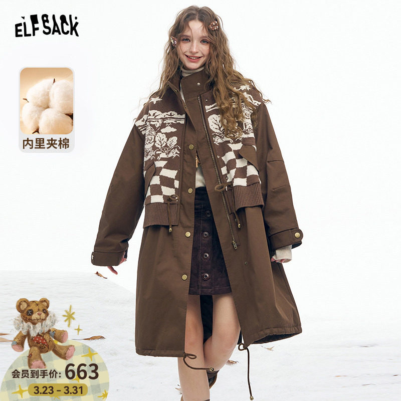 妖精的口袋毛织提花拼接长款棉衣女2026冬季新款保暖夹棉工装外套