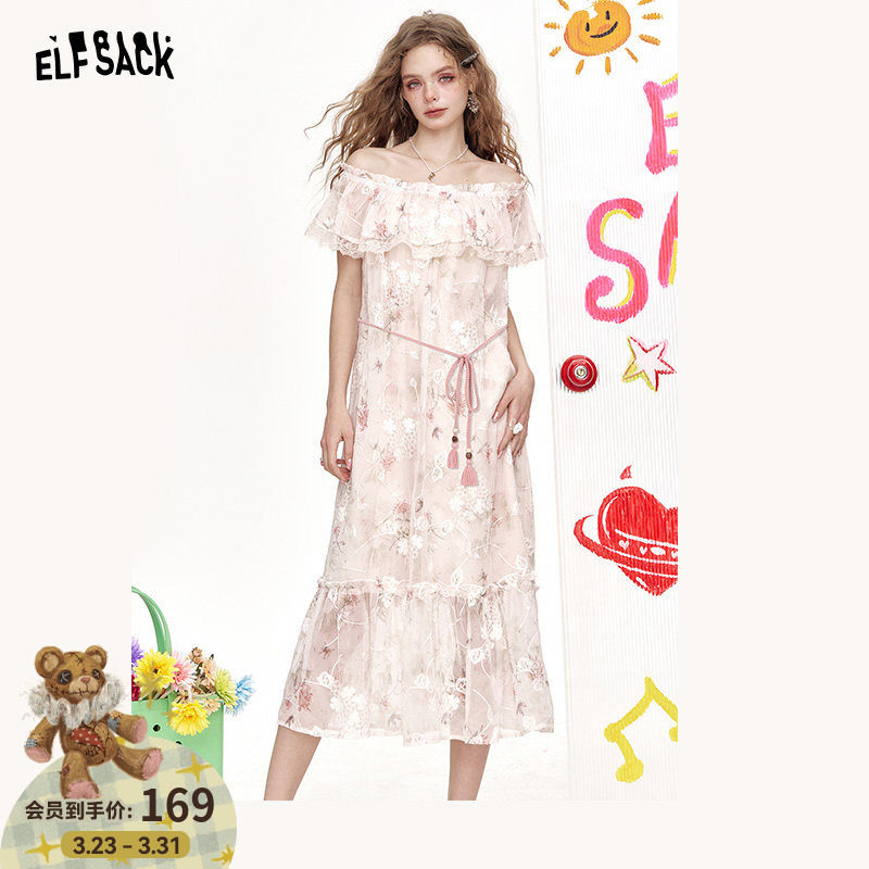 妖精的口袋一字肩蕾丝拼接碎花连衣裙女2026春夏新款气质度假裙子