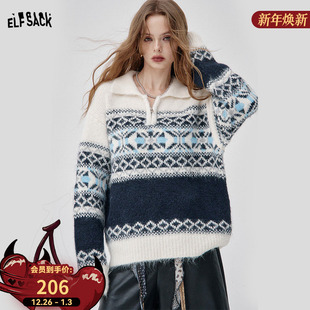 妖精的口袋复古翻领费尔岛毛衣女2025冬新款仿羊驼毛慵懒新年穿搭