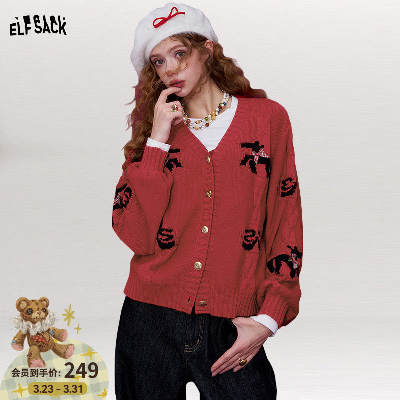 妖精的口袋甜美蝴蝶结小马针织开衫女2026年春季新款红色毛衣外套