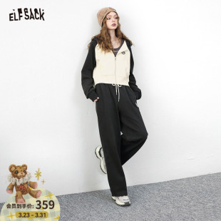 高级感休闲显瘦运动 女2026年早春新款 妖精 口袋撞色连帽卫衣套装